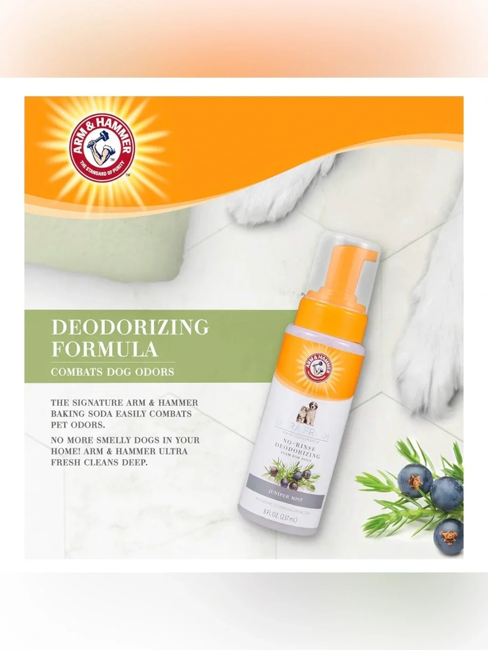 Arm & Hammer Ultra Fresh Waterless Dog Shampoo Foam, Juniper Mist,